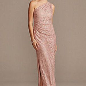 David's Bridal Glitter Lace One Shoulder Gown with Side Slit